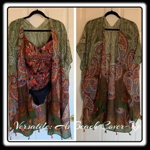 NWT Forest green & multi-color Pashima Shawl Beach cover-up one size